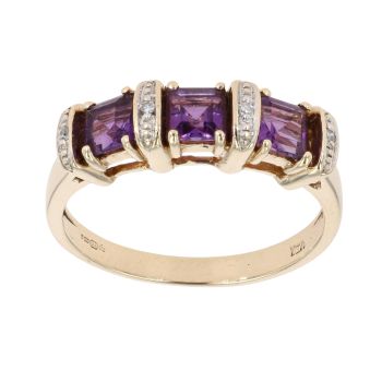 9ct Yellow Gold Three Stone Amethyst And 0.02ct Diamond Ring