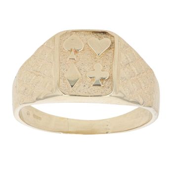 14ct Yellow Gold Patterned Card Symbols Signet Ring