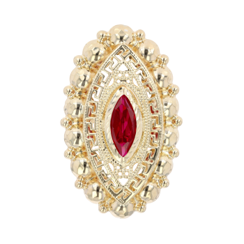 14ct Yellow Gold Red Gemstone Greek Key Marquise Ring