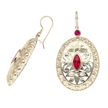 14ct Yellow Gold Red Gemstone Oval Drop Earrings