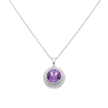 18ct White Gold 0.15ct Diamonds And Amethyst Solitaire Pendant and Chain 18"