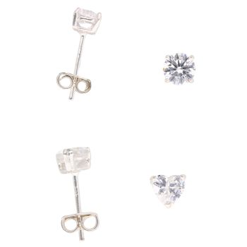 Silver Cubic Zirconia Heart and Round Stud Earrings Set of Two