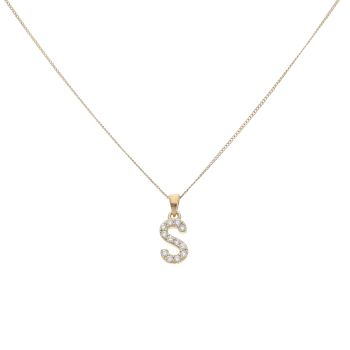 9ct Yellow Gold Personalised Block Cubic Zirconia Initial Pendant and Chain