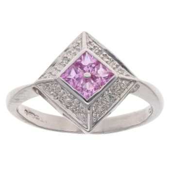 9ct White Gold 0.05ct Diamond And Pink Topaz Cluster Ring