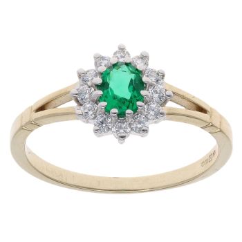 9ct Yellow Gold Green Gemstone And Cubic Zirconia Cluster Ring