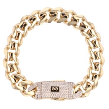 14ct Yellow Gold Monaco Curb Classic Cubic Zirconia Pave Lock Bracelet 8.5"