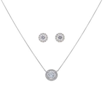 Silver Cubic Zirconia Halo Pendant, Chain and Earrings Set