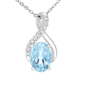 9ct White Gold Blue Topaz and Diamond Crossover Pendant Necklace