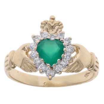 9ct Yellow Gold Cubic Zirconia And Green Gemstone Claddagh Ring