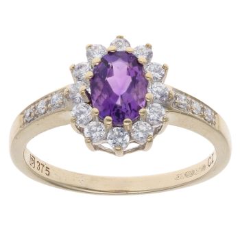 9ct Yellow Gold Cubic Zirconia and Amethyst Cluster Ring