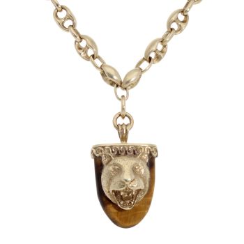 9ct Yellow Gold Panther Tiger Eye Pendant And Button Chain 22"