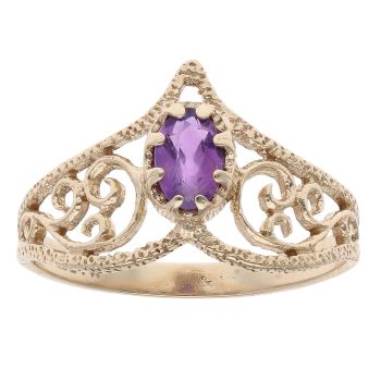 9ct Yellow Gold Amethyst Filigree Wishbone Ring