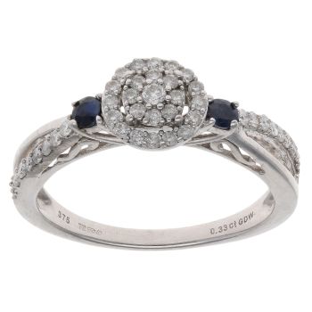 9ct White Gold 0.33ct Diamond And Sapphire Cluster Ring