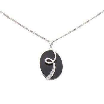9ct White Gold 0.02ct Diamond And Onyx Pendant And Chain 16"