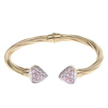 9ct Yellow Gold Pink Cubic Zirconia Heart Twist Patterned Torque Bangle
