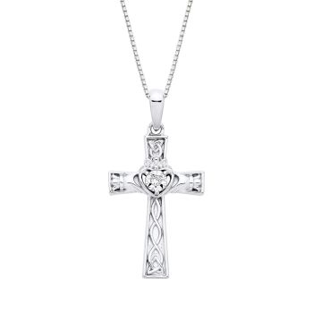 Sterling Silver Diamond Celtic Claddagh Cross Pendant Necklace