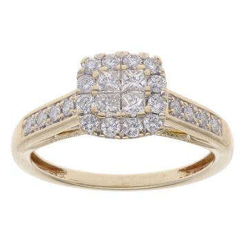 9ct Yellow Gold 0.50ct Princess And Brilliant Cut Diamond Cluster Ring