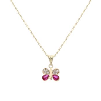 14ct Yellow Gold Cubic Zirconia and Red Gem Butterfly Pendant and Chain 18"