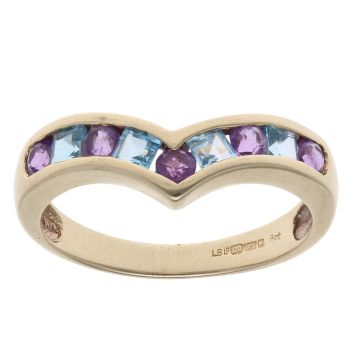 9ct Yellow Gold Blue Topaz and Amethyst Wishbone Ring