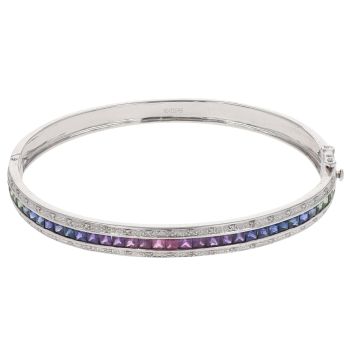 9ct White Gold 0.20ct Brilliant Cut Diamond And Rainbow Sapphire Bangle