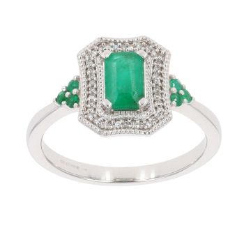 9ct White Gold 0.06ct Diamond And Emerald Ring