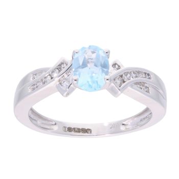 9ct White Gold Blue Topaz and Diamond Crossover Ring