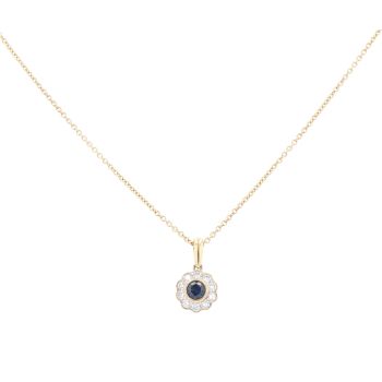 18ct Yellow Gold 0.30ct Brilliant Cut Diamond And Sapphire Cluster Pendant And Chain 16"