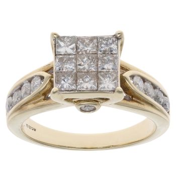 9ct Yellow Gold 2.00ct Diamond Princess And Brilliant Cut Cluster Ring