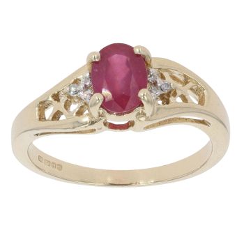 9ct Yellow Gold Ruby and 0.05ct Diamond Stone Set Ring