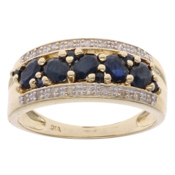 9ct Yellow Gold 0.10ct Diamond And Sapphire Three Row Ring