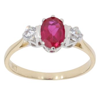 9ct Yellow Gold Cubic Zirconia and Red Gemstone Three Stone Ring
