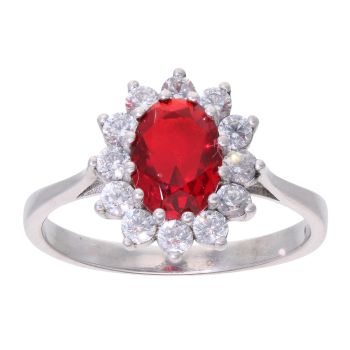 9ct White Gold Red Gemstone and Cubic Zirconia Cluster Ring