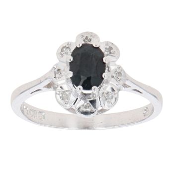 9ct White Gold 0.10ct Diamond And Sapphire Cluster Ring