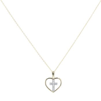 Children's 14ct Yellow Gold Cubic Zirconia Cross And Heart Pendant And Chain 18"