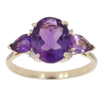 9ct Yellow Gold 0.02ct Diamond and Amethyst Three Stone Ring
