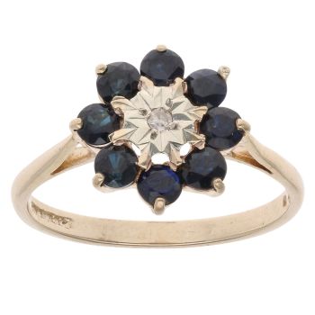 9ct Yellow Gold 0.05ct Diamond And Sapphire Cluster Ring