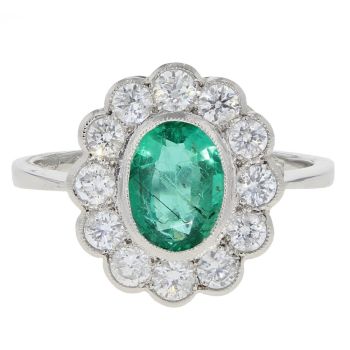Platinum 0.95cts Vintage Style Diamond And Emerald Oval Cluster Ring