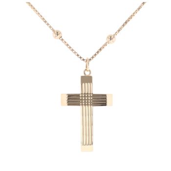 9ct Yellow Gold Patterned Cross Pendant And Bead Chain 24"