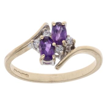 9ct Yellow Gold Cubic Zirconia and Amethyst Crossover Cluster Ring