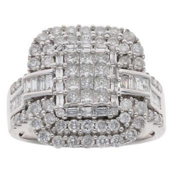 18ct White Gold 2.00ct Princess, Baguette and Brilliant Cut Cluster Ring