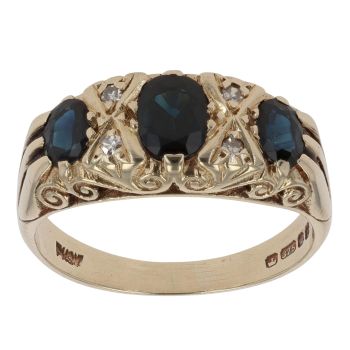 9ct Yellow Gold 0.05ct Diamond And Sapphire Three Stone Ring