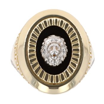 14ct Yellow and White Gold Black Stone and Cubic Zirconia Lion Signet Ring