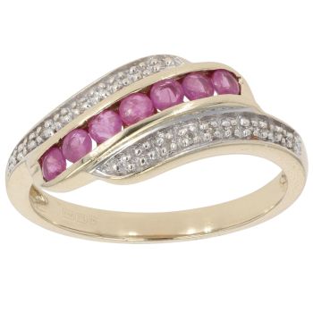 9ct Yellow Gold 0.05ct Diamond And Pink Sapphire Wave Ring