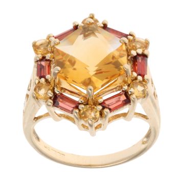 9ct Yellow Gold Citrine And Red Gemstone Cluster Ring
