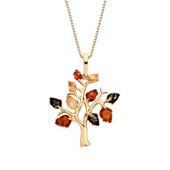 18ct Gold on Sterling Silver Baltic Amber Tree of Life Pendant Necklace