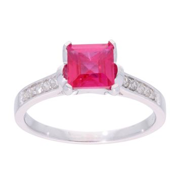 9ct White Gold Created Ruby and Diamond Square Ring
