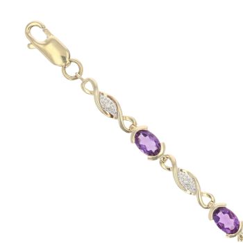 9ct Yellow Gold 0.05ct Diamond And Amethyst Bracelet 7"