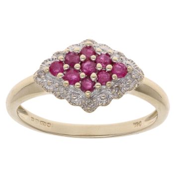 9ct Yellow Gold 0.10ct Diamond and Ruby Cluster Ring
