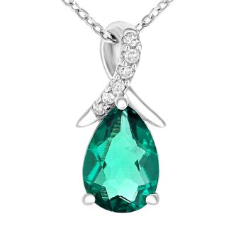 9ct White Gold Created Emerald and Diamond Pendant Necklace