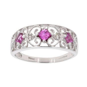 9ct White Gold 0.05ct Diamond And Created Ruby Ring